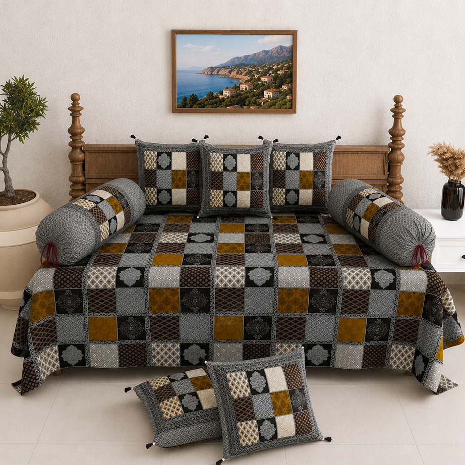 Pure Cotton Diwan Set with Quilted Cushion & Bolster Covers – Grey Mustard Checkered Patchwork Inspired Design