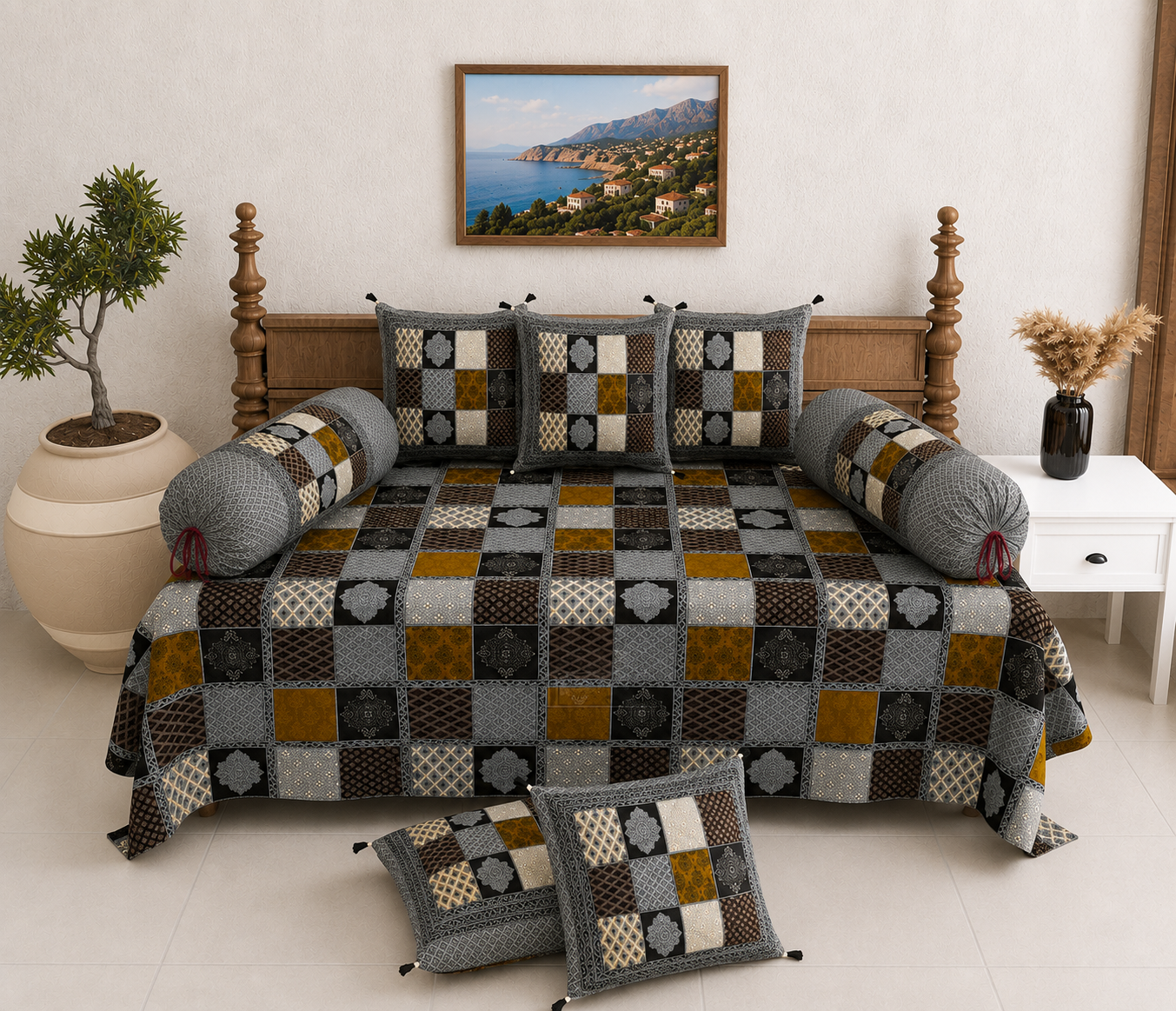 Pure Cotton Diwan Set with Quilted Cushion & Bolster Covers – Grey Mustard Checkered Patchwork Inspired Design