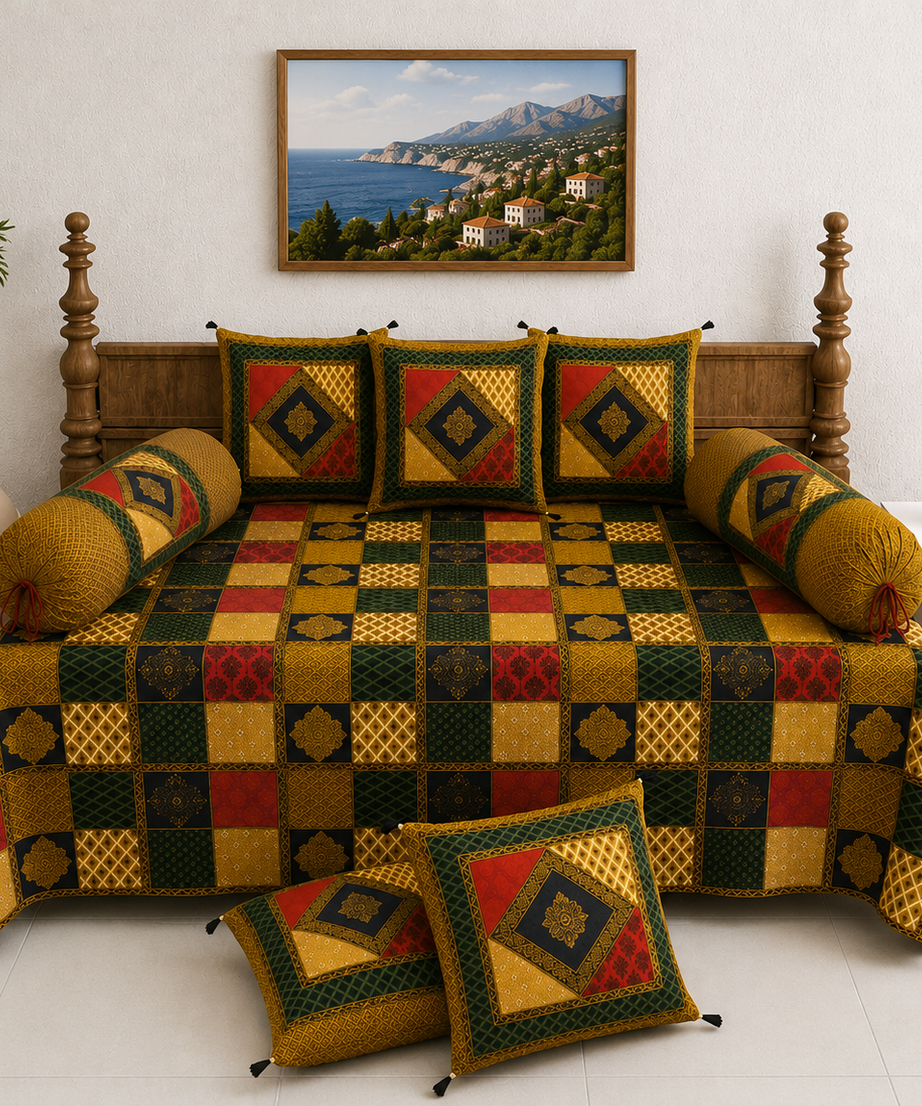 Pure Cotton Diwan Set with Quilted Cushion & Bolster Covers – Mustard Green Geometric Patchwork Inspired Design