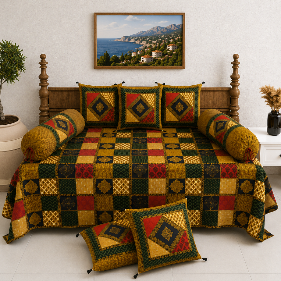 Pure Cotton Diwan Set with Quilted Cushion & Bolster Covers – Mustard Green Geometric Patchwork Inspired Design
