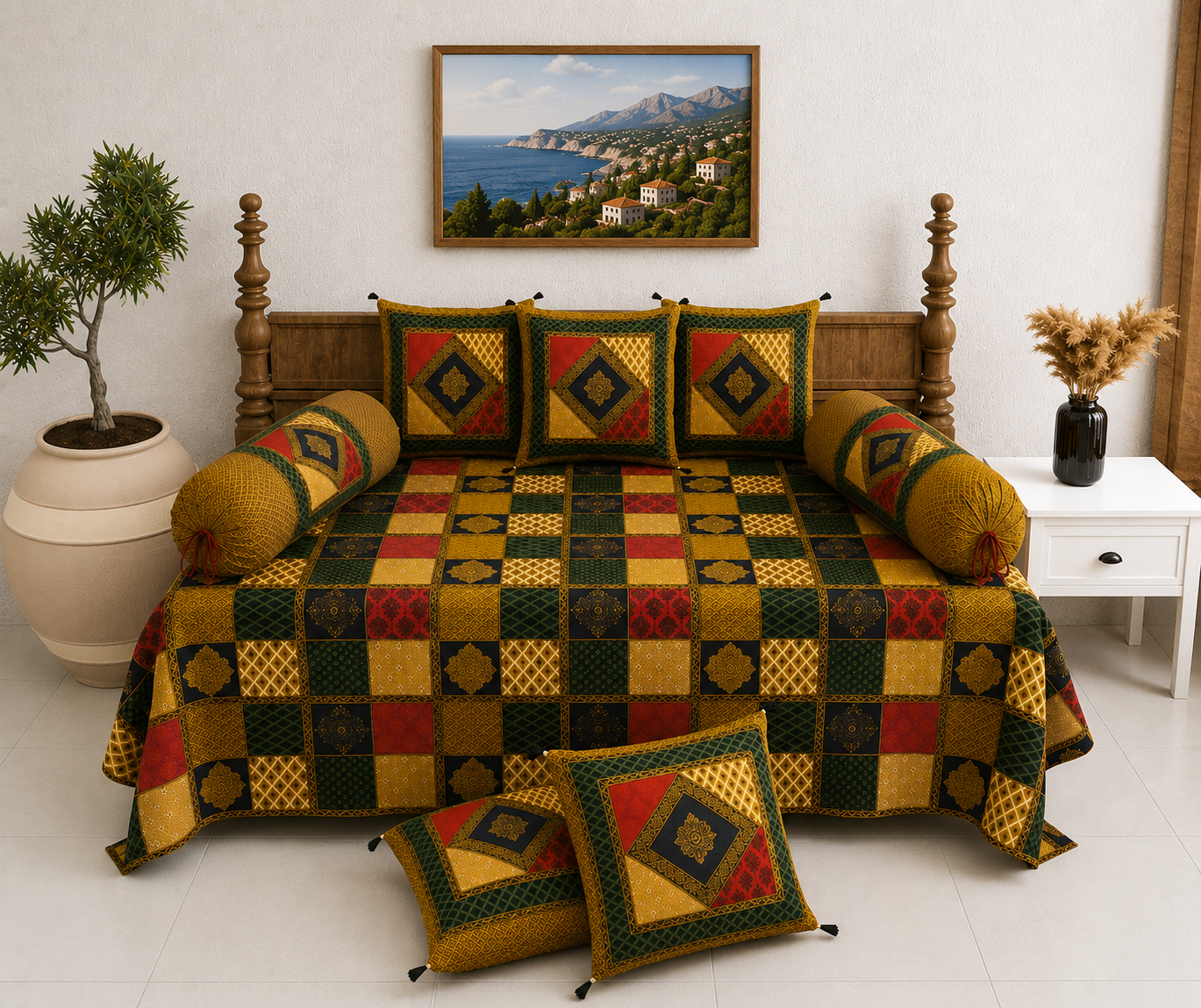 Pure Cotton Diwan Set with Quilted Cushion & Bolster Covers – Mustard Green Geometric Patchwork Inspired Design