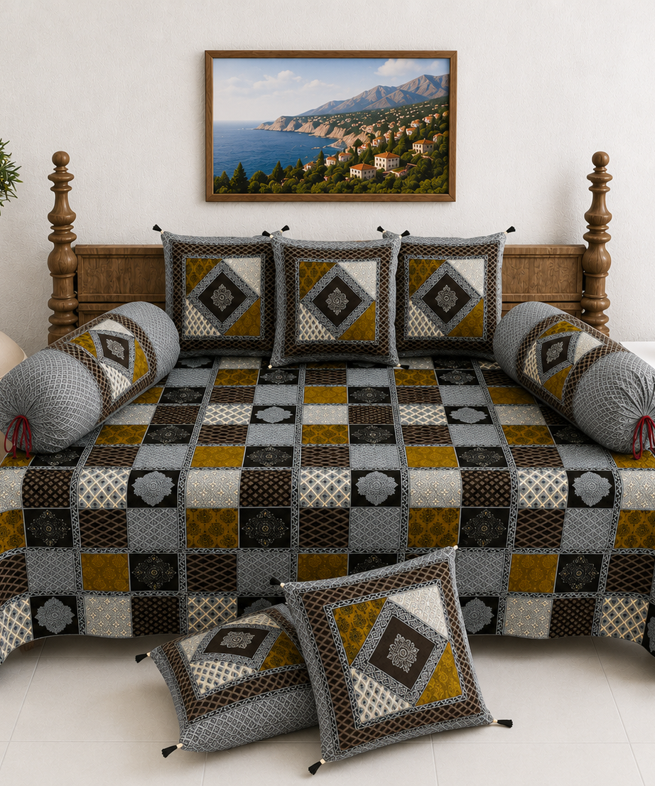 Pure Cotton Diwan Set with Quilted Cushion & Bolster Covers – Grey Mustard Diamond Patchwork Inspired Design