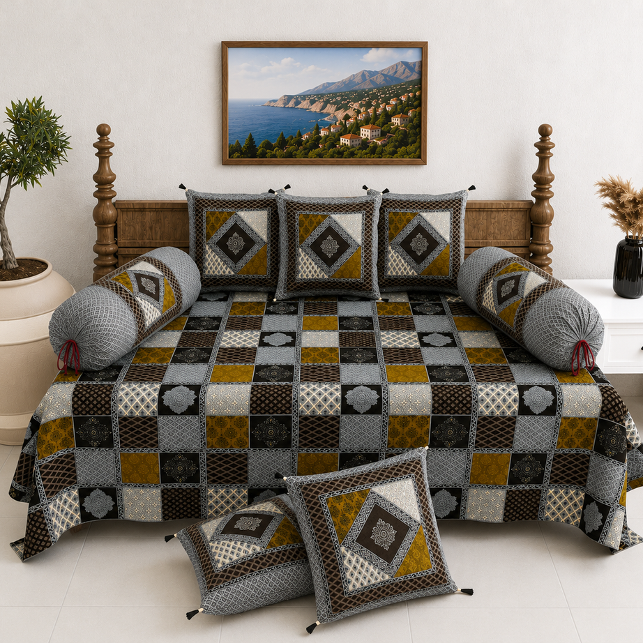Pure Cotton Diwan Set with Quilted Cushion & Bolster Covers – Grey Mustard Diamond Patchwork Inspired Design