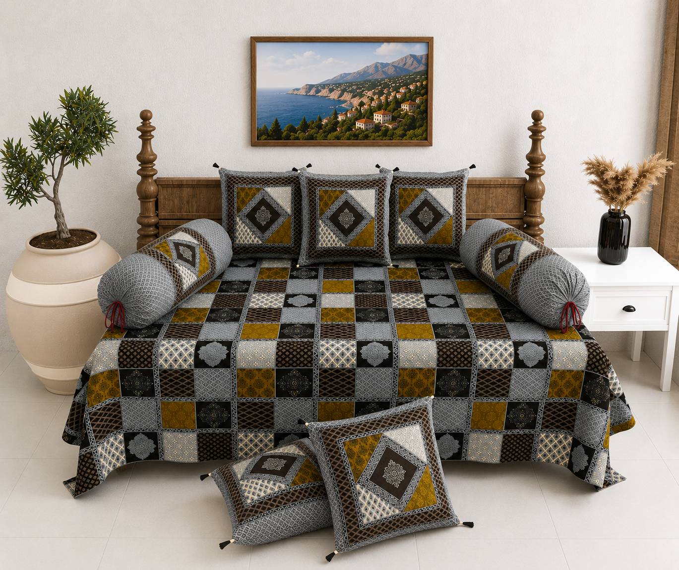 Pure Cotton Diwan Set with Quilted Cushion & Bolster Covers – Grey Mustard Diamond Patchwork Inspired Design