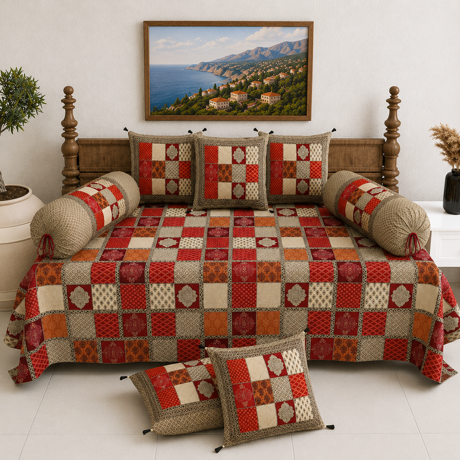 Pure Cotton Diwan Set with Quilted Cushion & Bolster Covers – Red Beige Checkered Patchwork Inspired Design