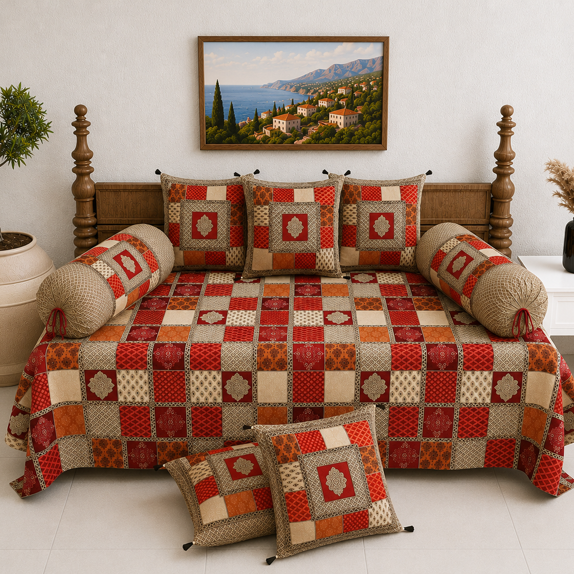 Pure Cotton Diwan Set with Quilted Cushion & Bolster Covers – Red Orange Checkered Patchwork Inspired Design
