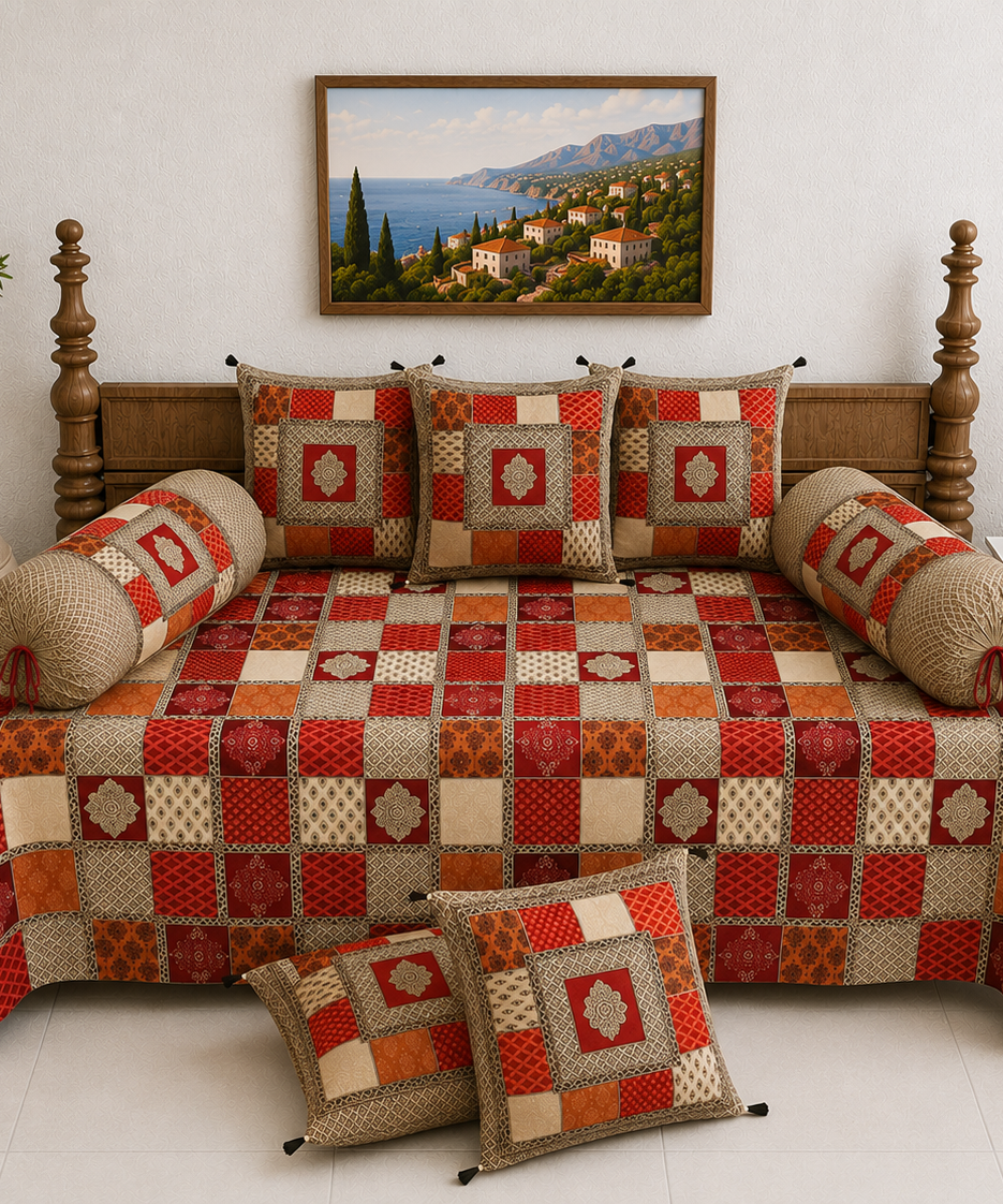 Pure Cotton Diwan Set with Quilted Cushion & Bolster Covers – Red Orange Checkered Patchwork Inspired Design