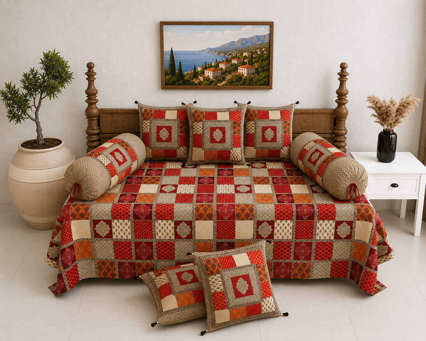 Pure Cotton Diwan Set with Quilted Cushion & Bolster Covers – Red Orange Checkered Patchwork Inspired Design