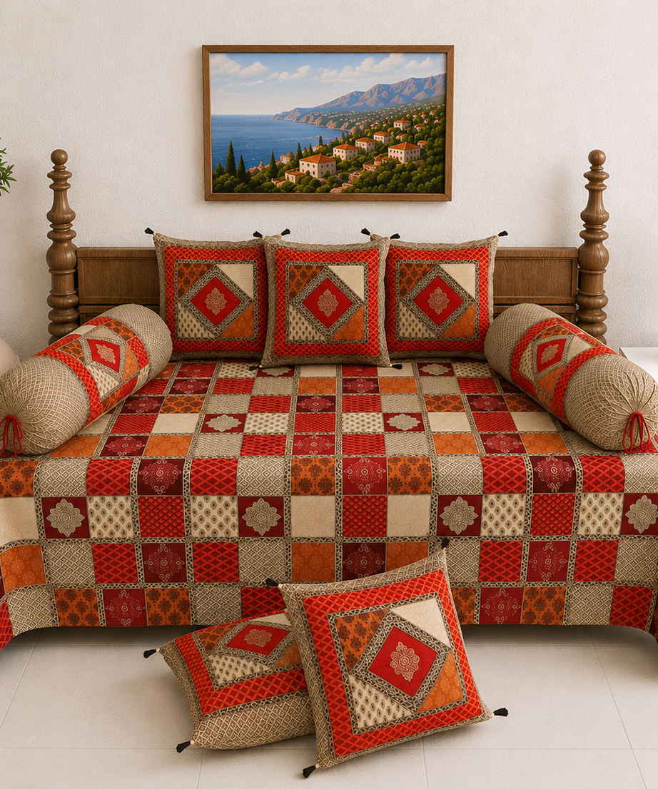 Pure Cotton Diwan Set with Quilted Cushion & Bolster Covers – Red Orange Diamond Patchwork Inspired Design