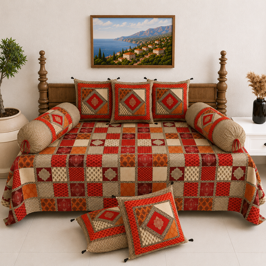 Pure Cotton Diwan Set with Quilted Cushion & Bolster Covers – Red Orange Diamond Patchwork Inspired Design