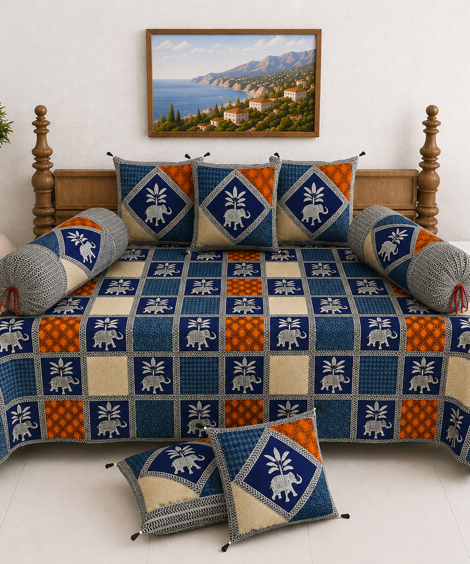 Pure Cotton Diwan Set with Quilted Cushion & Bolster Covers – Blue Elephant Print Patchwork Inspired Design