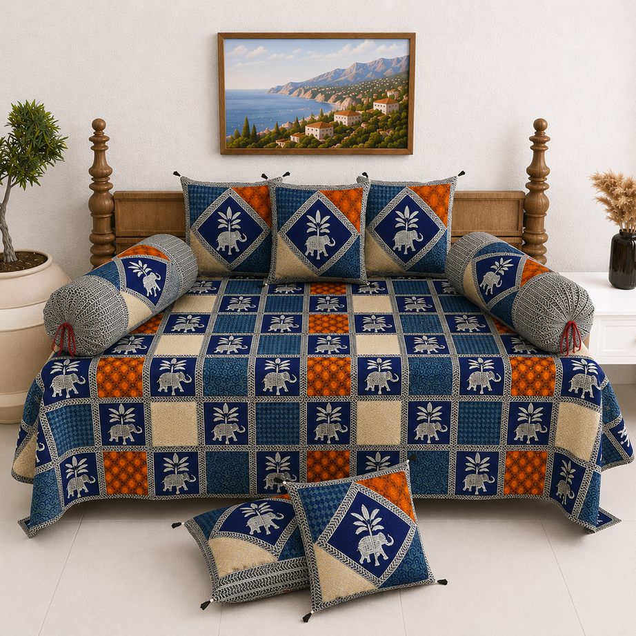 Pure Cotton Diwan Set with Quilted Cushion & Bolster Covers – Blue Elephant Print Patchwork Inspired Design