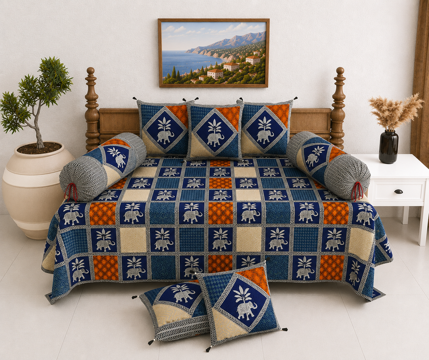 Pure Cotton Diwan Set with Quilted Cushion & Bolster Covers – Blue Elephant Print Patchwork Inspired Design