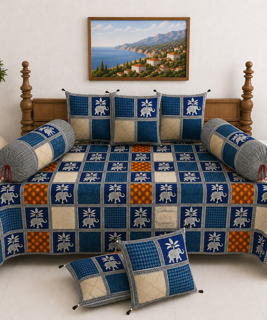 Pure Cotton Diwan Set with Quilted Cushion & Bolster Covers – Blue Elephant Checkered Print Design