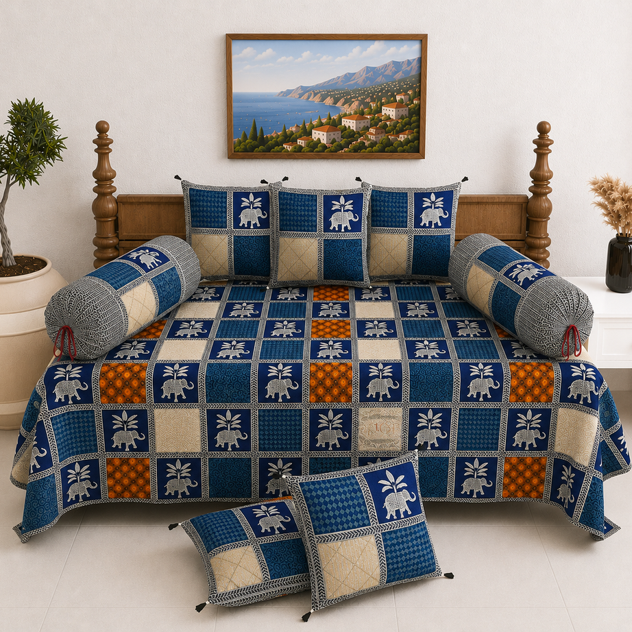 Pure Cotton Diwan Set with Quilted Cushion & Bolster Covers – Blue Elephant Checkered Print Design