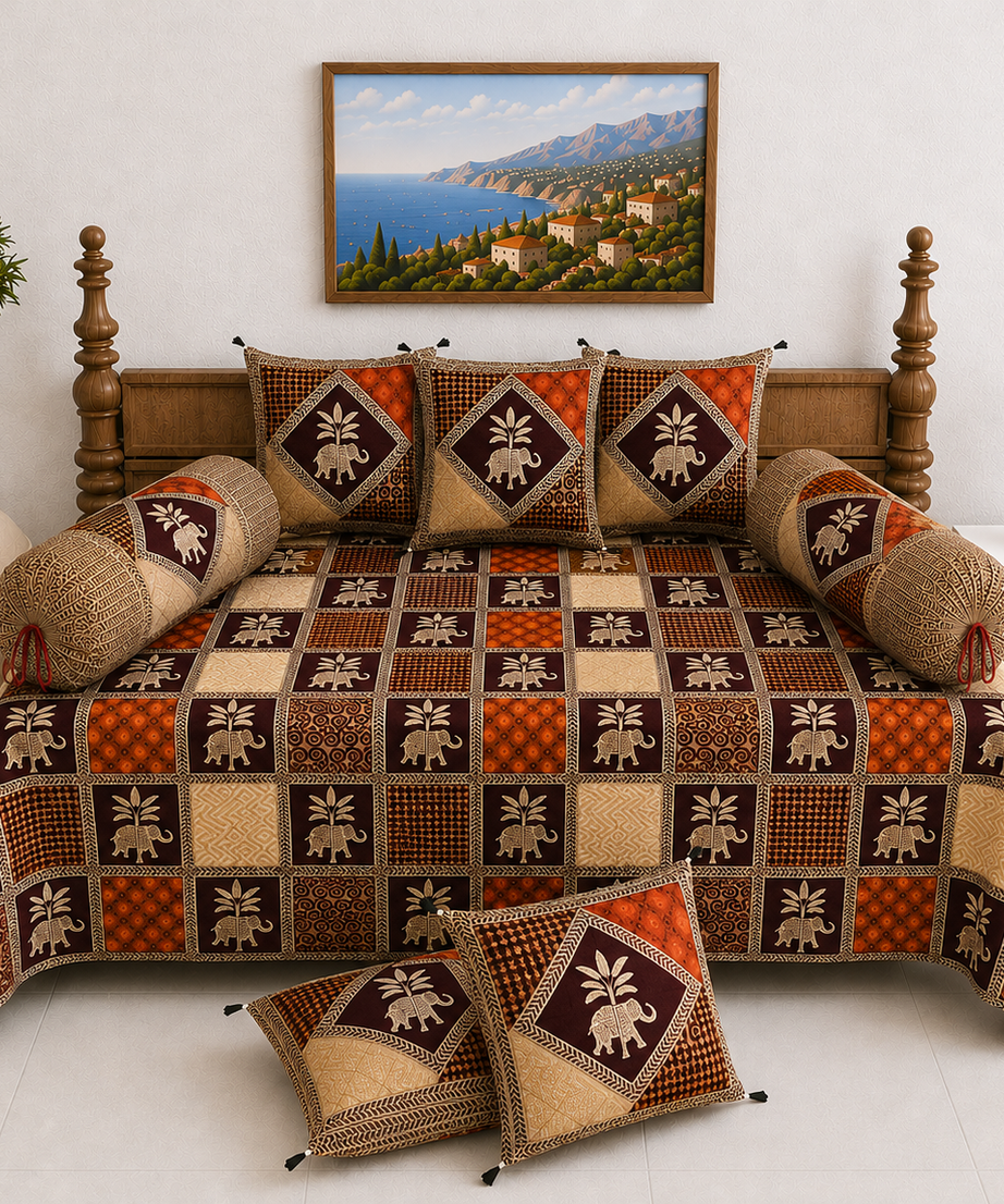 Pure Cotton Diwan Set with Quilted Cushion & Bolster Covers – Brown Elephant Print Patchwork Inspired Design