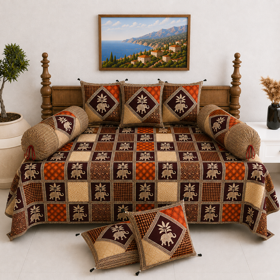 Pure Cotton Diwan Set with Quilted Cushion & Bolster Covers – Brown Elephant Print Patchwork Inspired Design
