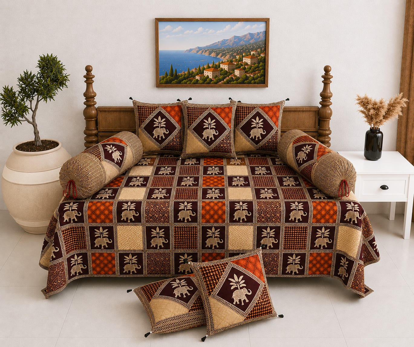 Pure Cotton Diwan Set with Quilted Cushion & Bolster Covers – Brown Elephant Print Patchwork Inspired Design