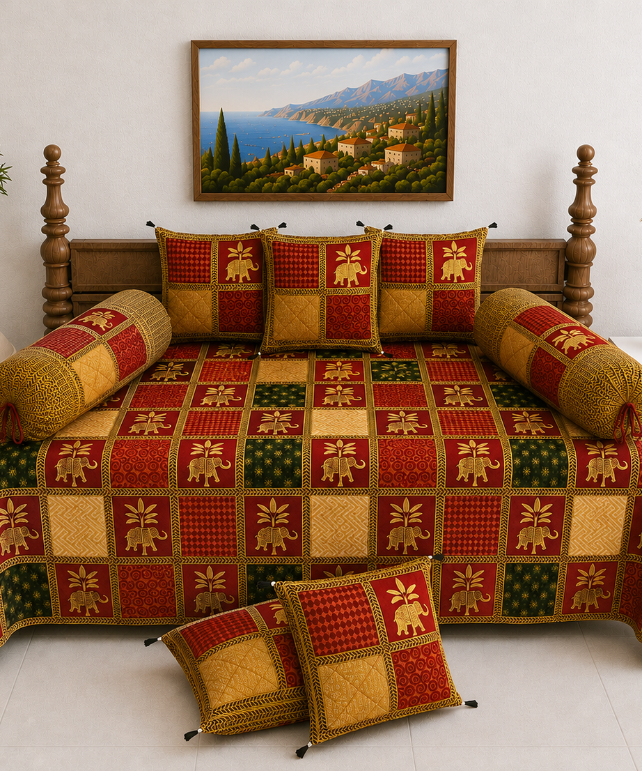 Pure Cotton Diwan Set with Quilted Cushion & Bolster Covers – Red Elephant Checkered Print Design