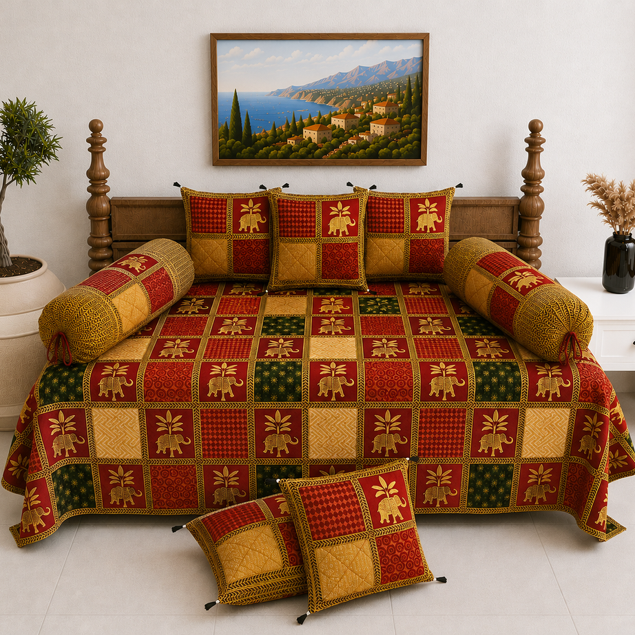Pure Cotton Diwan Set with Quilted Cushion & Bolster Covers – Red Elephant Checkered Print Design