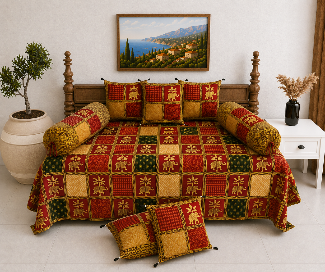 Pure Cotton Diwan Set with Quilted Cushion & Bolster Covers – Red Elephant Checkered Print Design