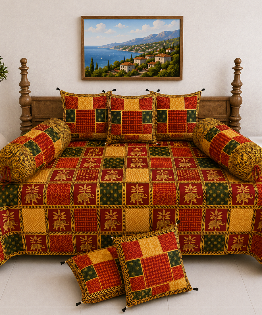 Pure Cotton Diwan Set with Quilted Cushion & Bolster Covers – Red Yellow Elephant Print Design