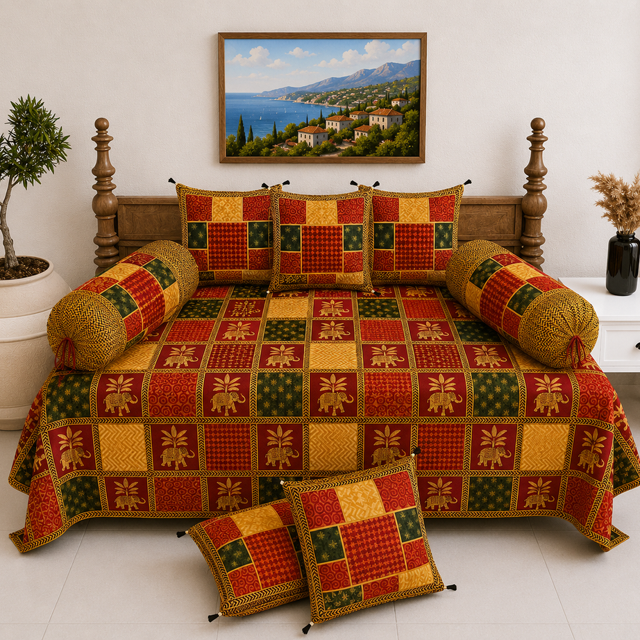 Pure Cotton Diwan Set with Quilted Cushion & Bolster Covers – Red Yellow Elephant Print Design
