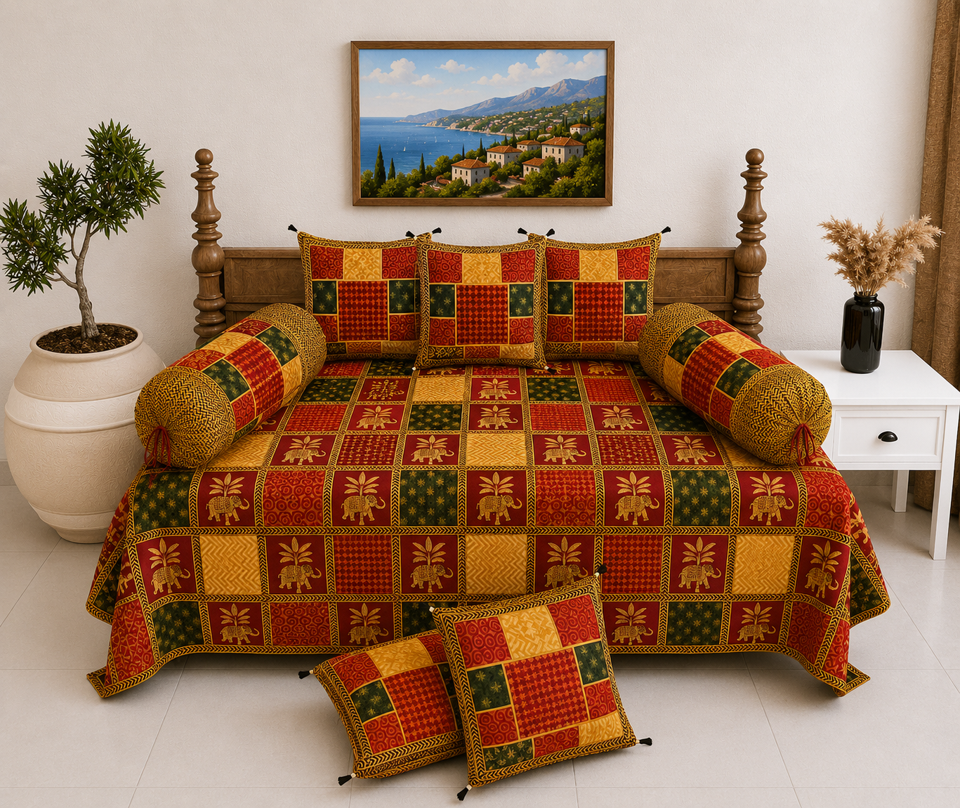Pure Cotton Diwan Set with Quilted Cushion & Bolster Covers – Red Yellow Elephant Print Design