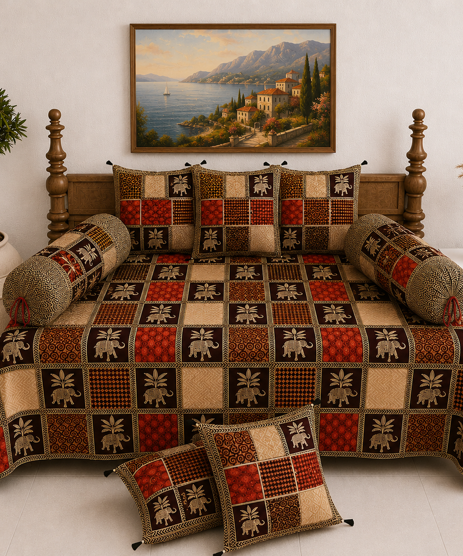 Pure Cotton Diwan Set with Quilted Cushion & Bolster Covers – Brown Elephant Checkered Print Design