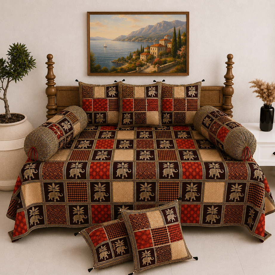 Pure Cotton Diwan Set with Quilted Cushion & Bolster Covers – Brown Elephant Checkered Print Design