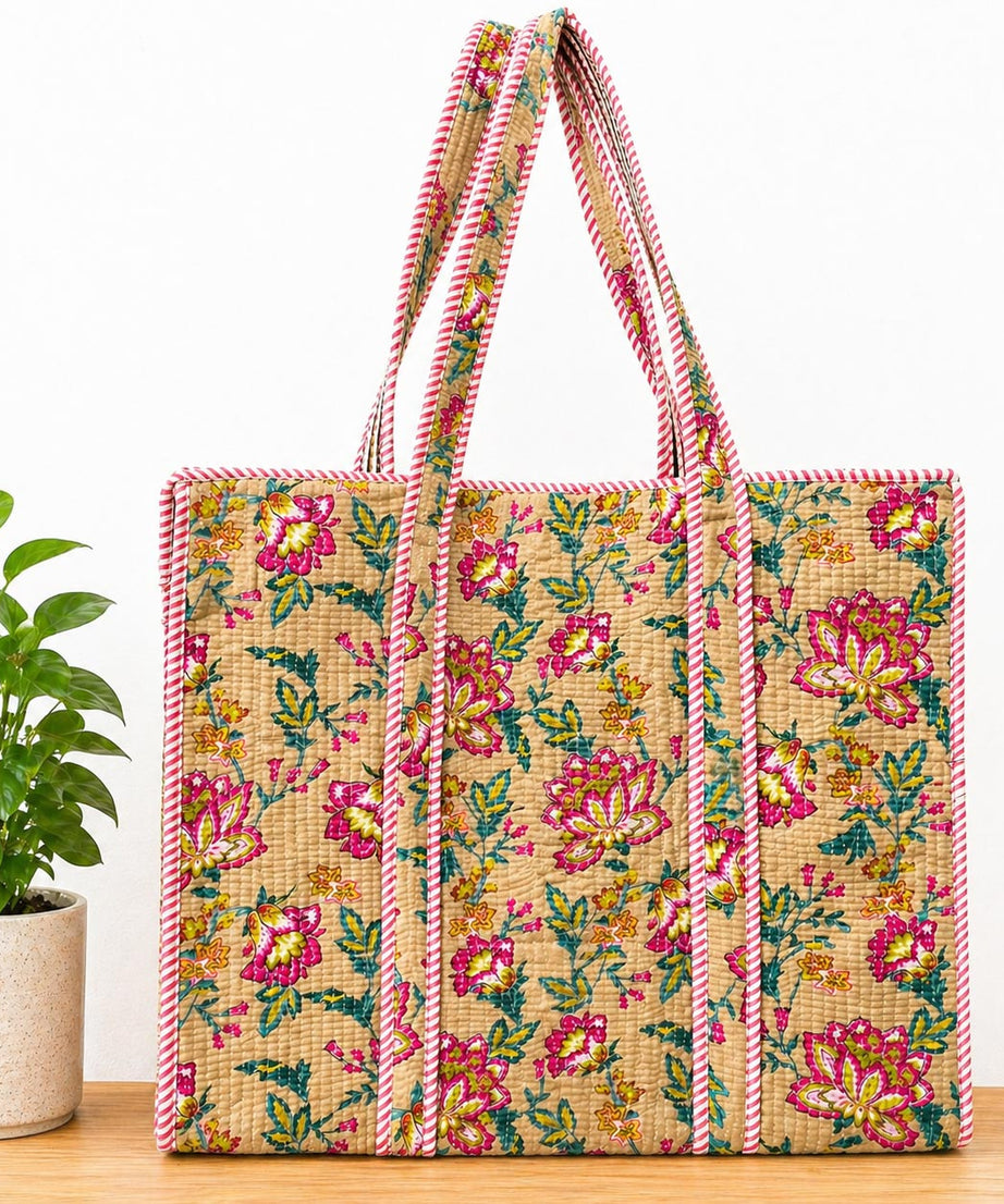 Quilted Cotton Floral Tote Bag – Handcrafted Jaipuri Print