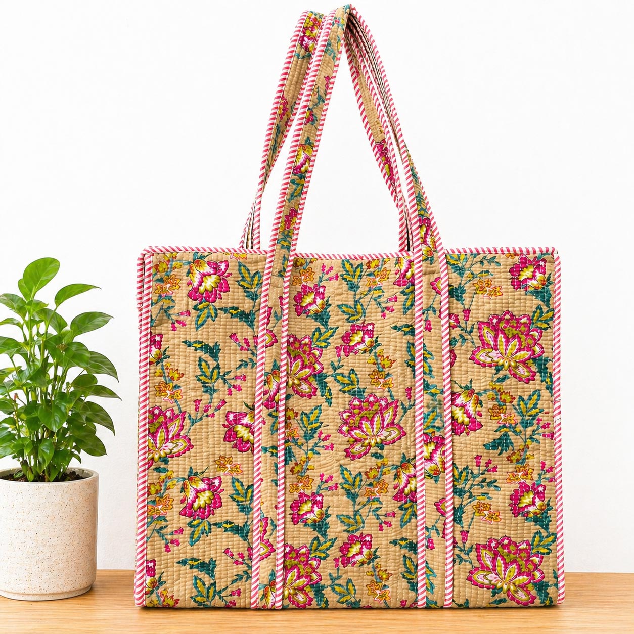 Quilted Cotton Floral Tote Bag – Handcrafted Jaipuri Print