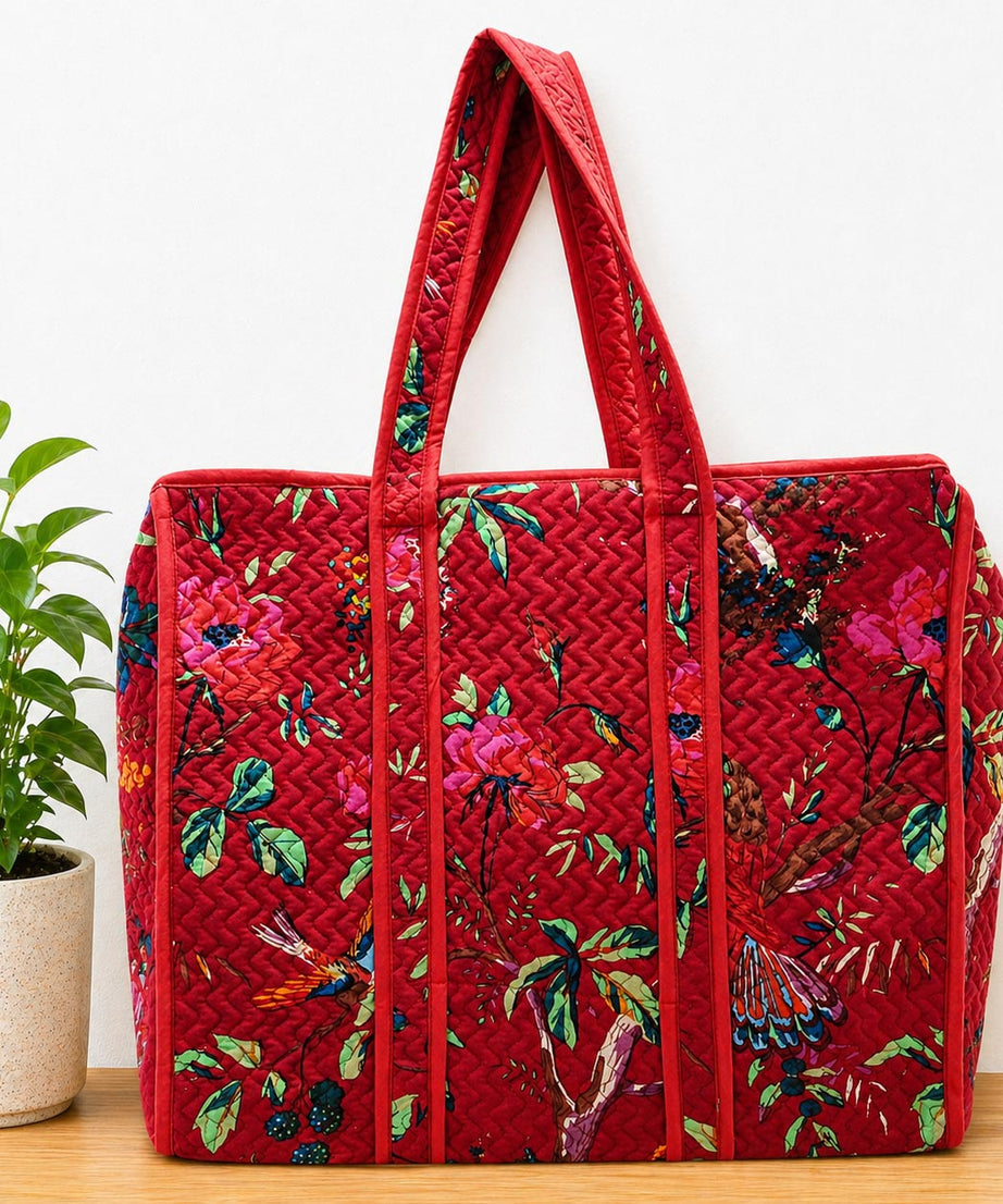 Quilted Cotton Floral Tote Bag – Handcrafted Jaipuri Print -Red