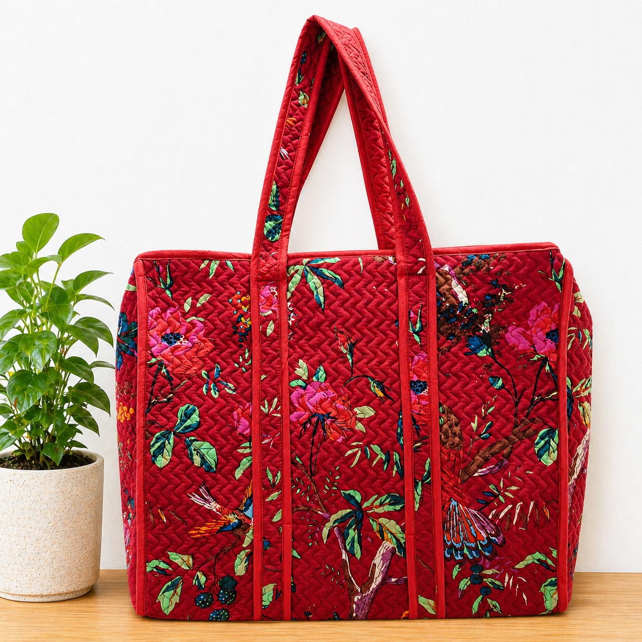 Quilted Cotton Floral Tote Bag – Handcrafted Jaipuri Print -Red