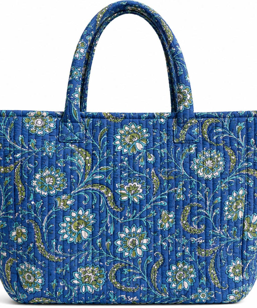Floral Quilted Cotton Tote Bag – Royal Blue| Lightweight Everyday Carry Bag