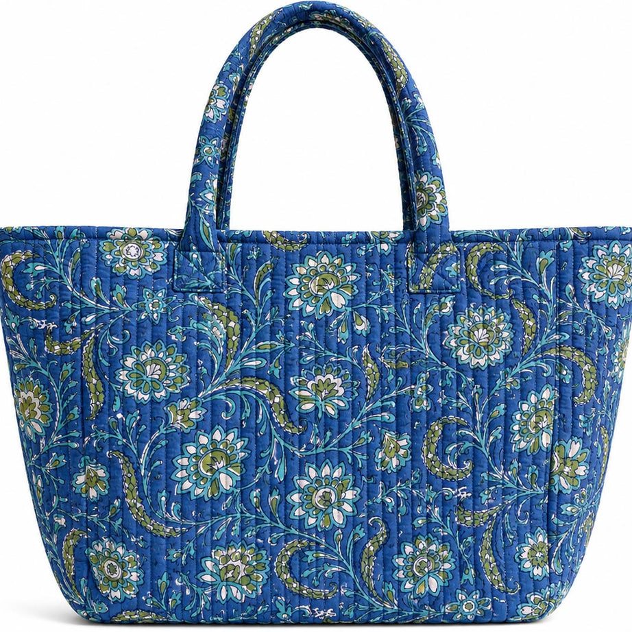 Floral Quilted Cotton Tote Bag – Royal Blue| Lightweight Everyday Carry Bag