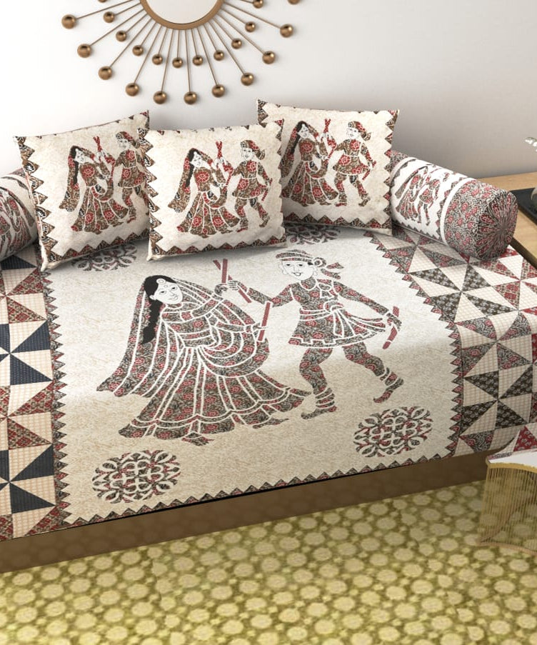Pure Cotton Diwan Set with Traditional Folk Art Print & Quilted Cushion Covers