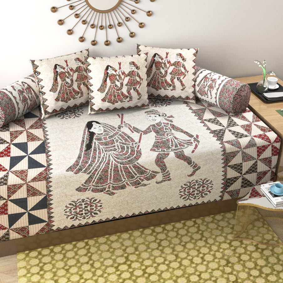 Pure Cotton Diwan Set with Traditional Folk Art Print & Quilted Cushion Covers