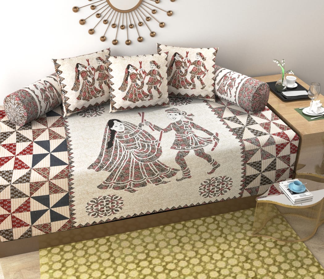 Pure Cotton Diwan Set with Traditional Folk Art Print & Quilted Cushion Covers