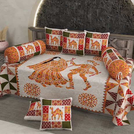 Pure Cotton Diwan Set with Traditional Folk Art & Camel Print Design