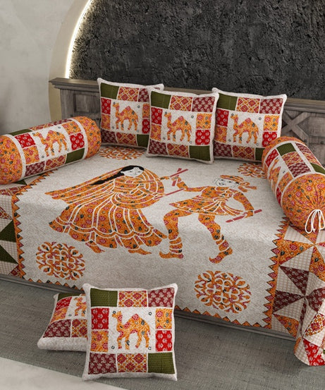 Pure Cotton Diwan Set with Traditional Folk Art & Camel Print Design