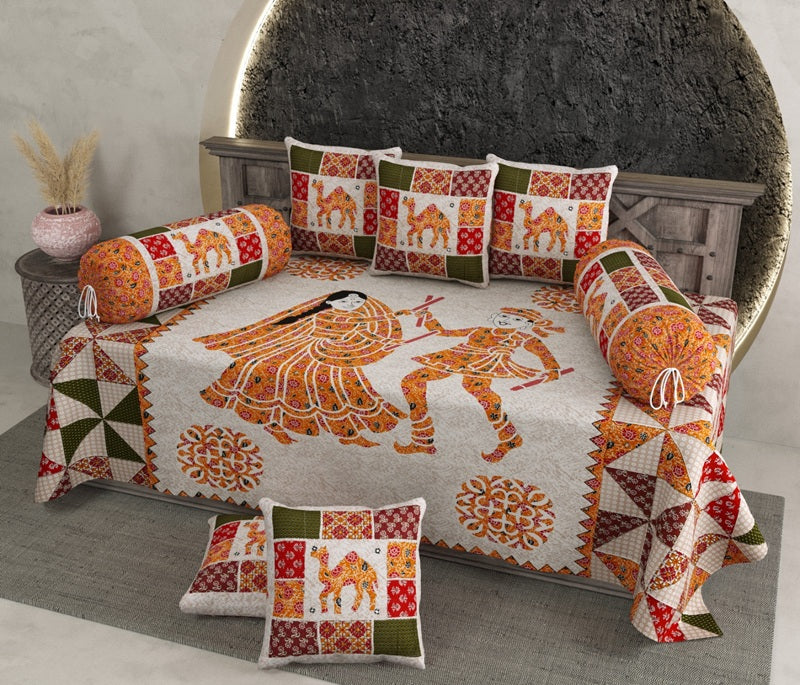Pure Cotton Diwan Set with Traditional Folk Art & Camel Print Design
