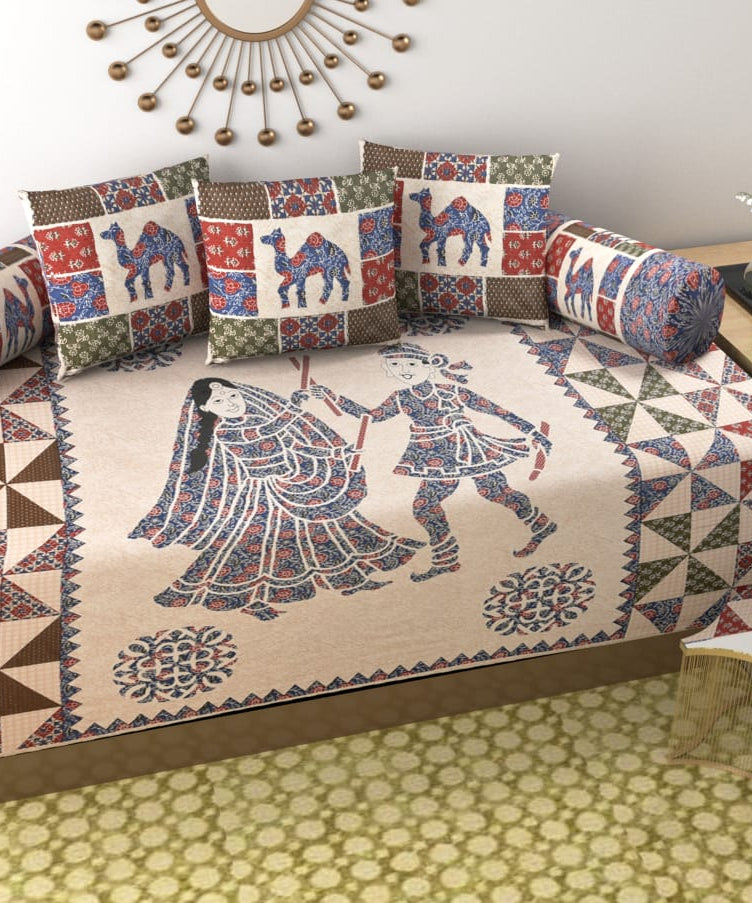Pure Cotton Diwan Set with Traditional Folk Art & Camel Print Design