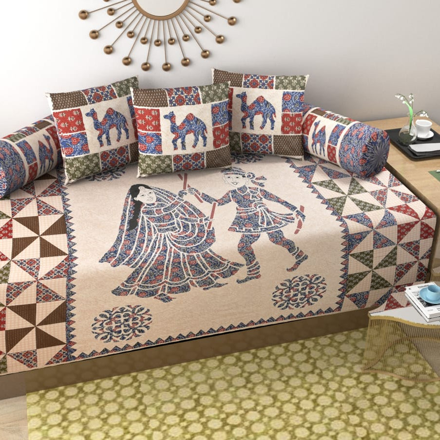 Pure Cotton Diwan Set with Traditional Folk Art & Camel Print Design