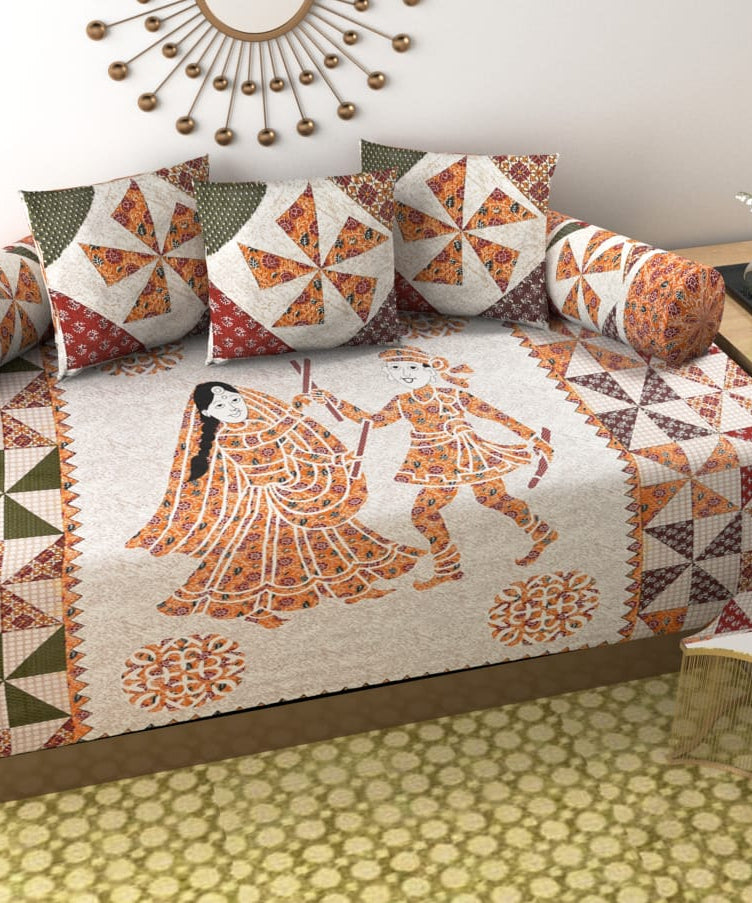 Pure Cotton Diwan Set with Traditional Folk Art Print & Patchwork Inspired Design