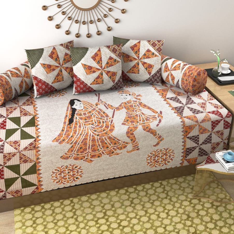 Pure Cotton Diwan Set with Traditional Folk Art Print & Patchwork Inspired Design