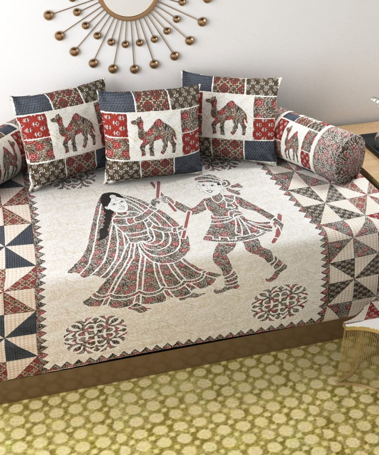 Pure Cotton Diwan Set with Traditional Folk Art & Camel Print Design