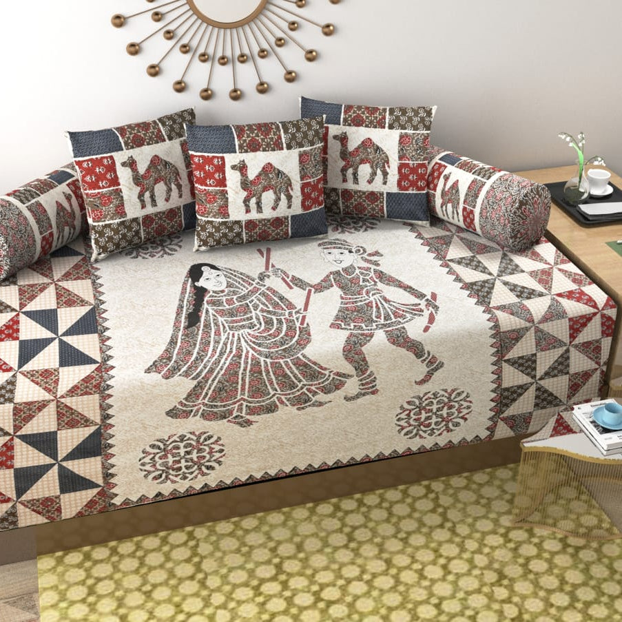 Pure Cotton Diwan Set with Traditional Folk Art & Camel Print Design