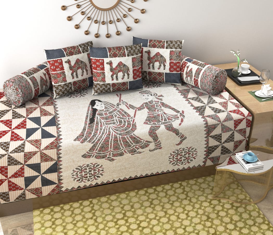 Pure Cotton Diwan Set with Traditional Folk Art & Camel Print Design