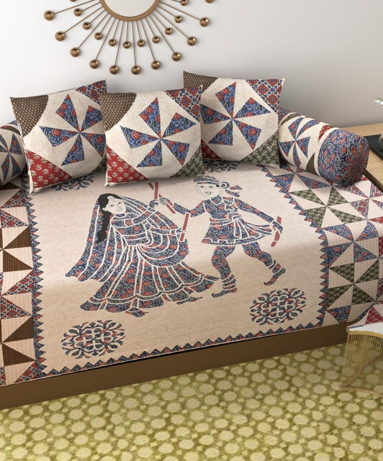 Pure Cotton Diwan Set with Traditional Folk Art Print & Patchwork Inspired Design
